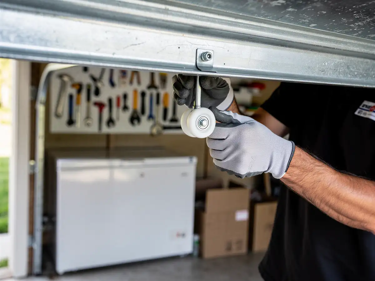 A technician in gloves installs a new roller on a garage door track.