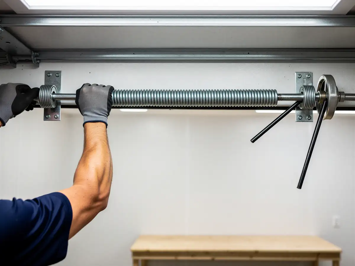 A technician adjusts a garage door torsion spring with winding bars.